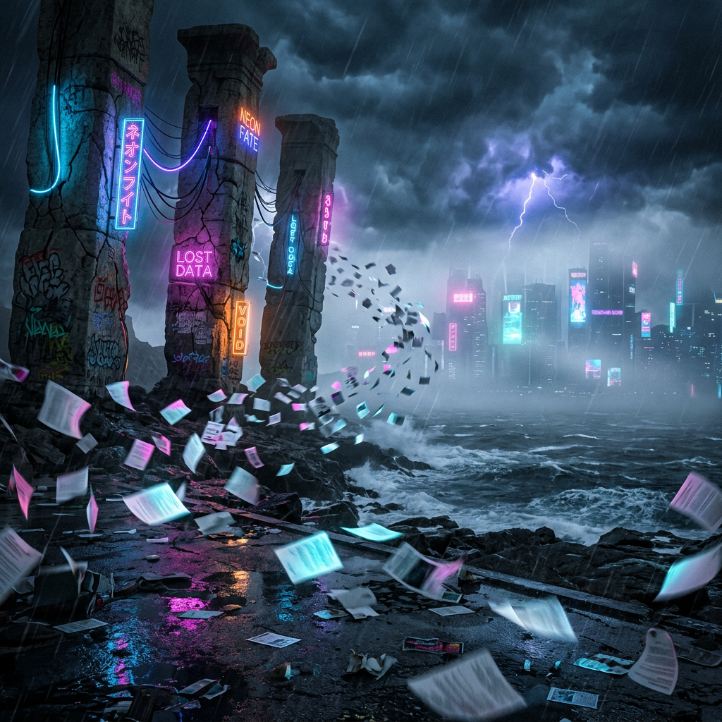 Ruined stone pillars with neon signs and flying papers near stormy sea by futuristic city