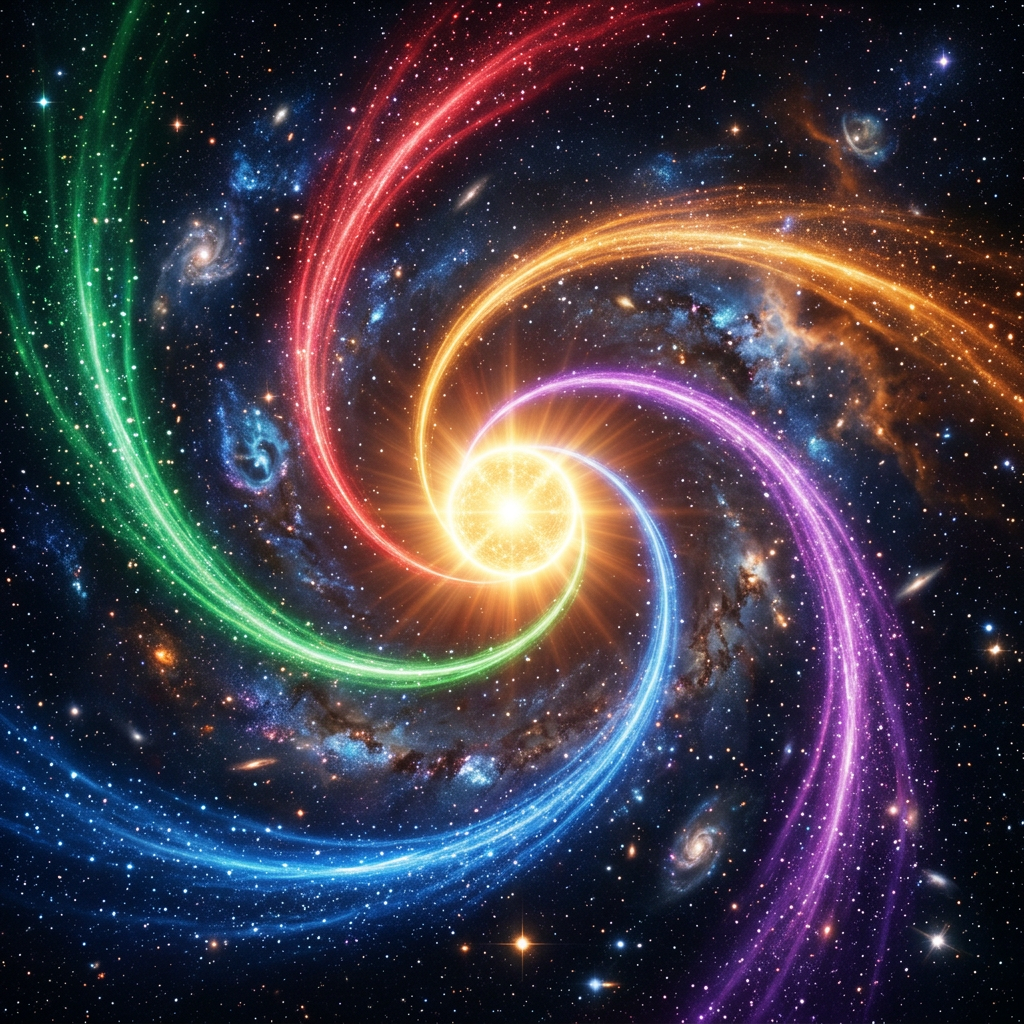Spiral galaxy with colorful swirling arms in red, green, blue, purple, and orange around a bright glowing center