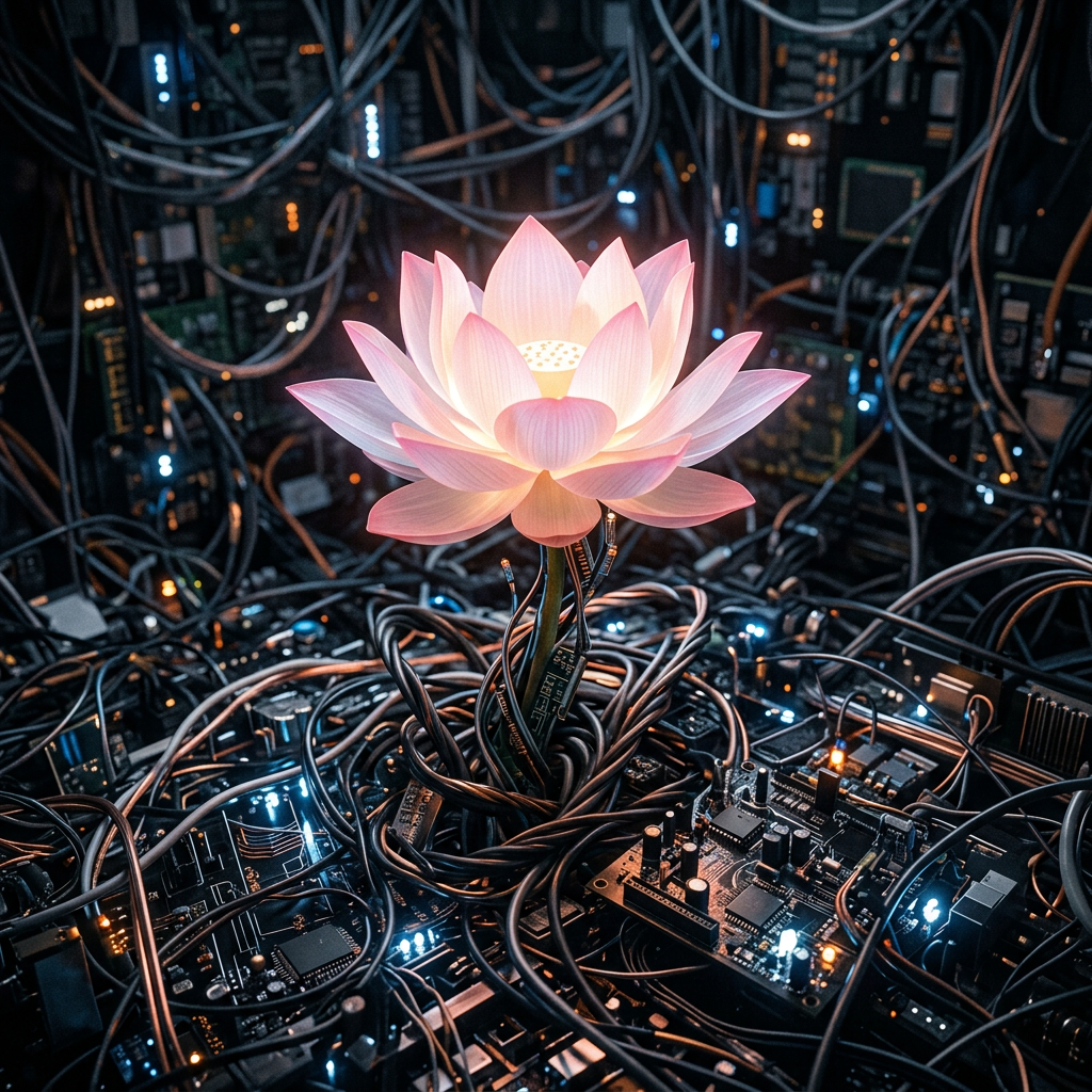 A glowing lotus flower growing amidst electronic circuit boards and cables.