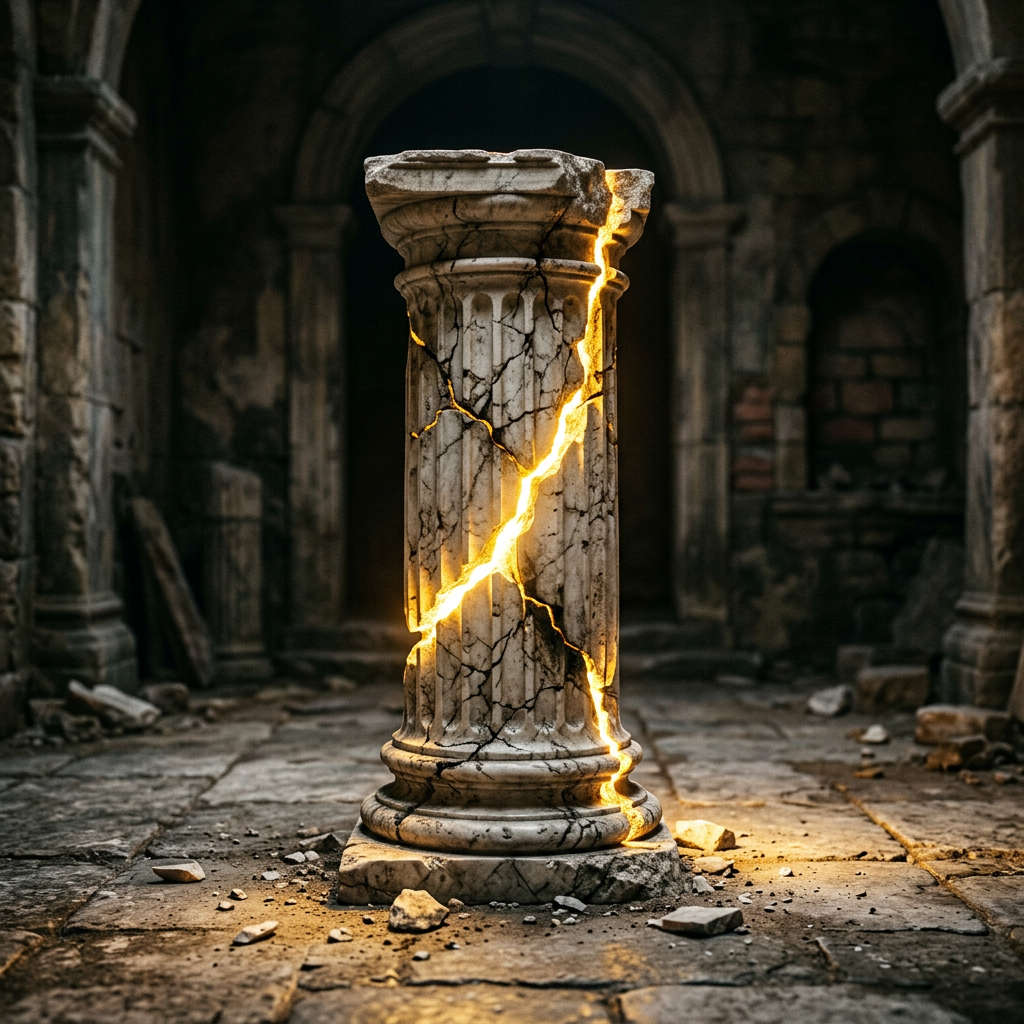 A cracked marble column with glowing golden light in an ancient ruin