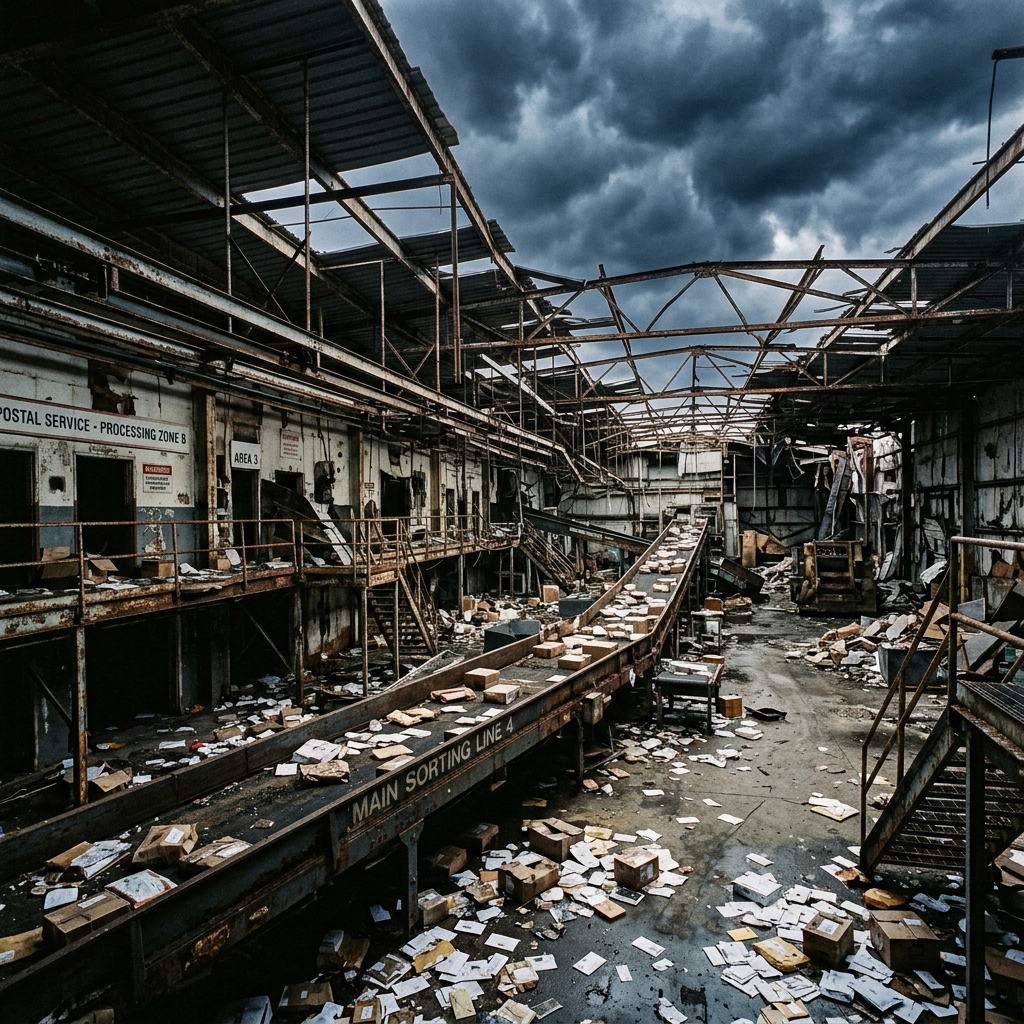 Rusty abandoned postal sorting facility with scattered packages and papers