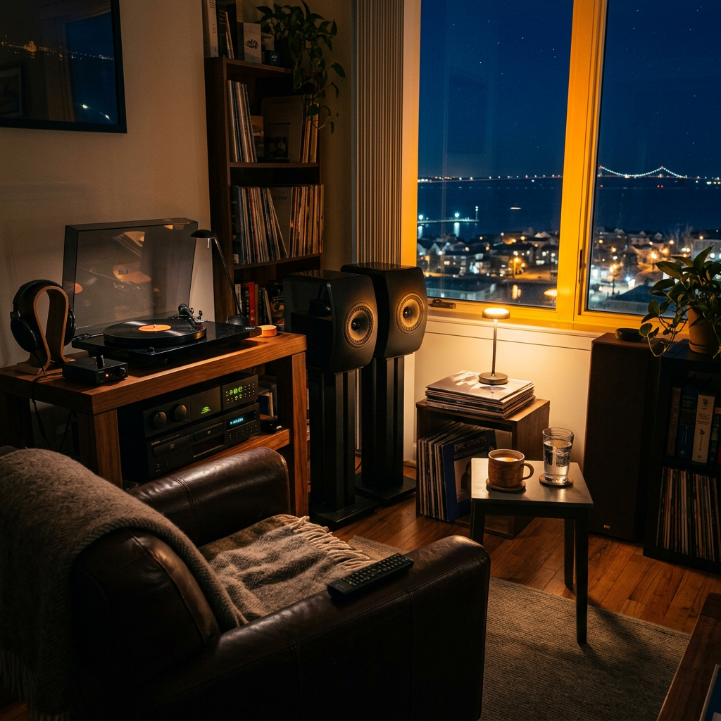 Cozy listening room with turntable, speakers, records, and city view