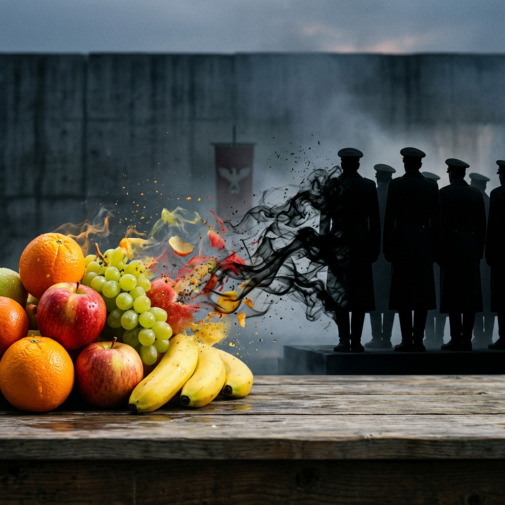 Fruit still life beside silhouetted uniformed figures and swirling smoke